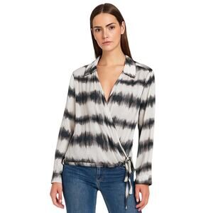 B New York Hologram Putty Print Faux Wrap Tie Blouse  NWT - Size Large